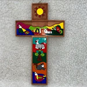 Wooden Cross with whimsical colorful animals tree butterfly sun 10"